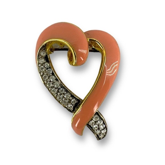 Sterling Heart Ribbon Pendant/Brooch Pink Enamel Clear Rhinestone Pin 925 China - Picture 1 of 8